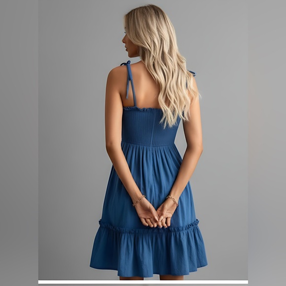 Blue Pleated Shirred Ruffle Hem Dress - Picture 4 of 8